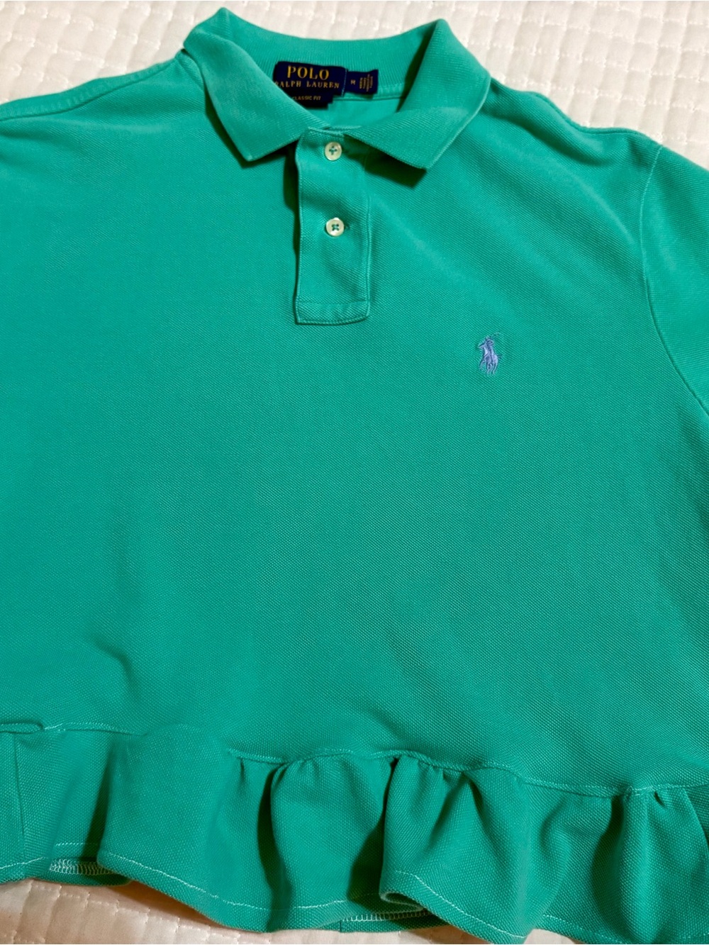 Upcycled Mens Ralph Lauren Turquoise Ruffle-Hem Polo Top - Picture 4 of 11